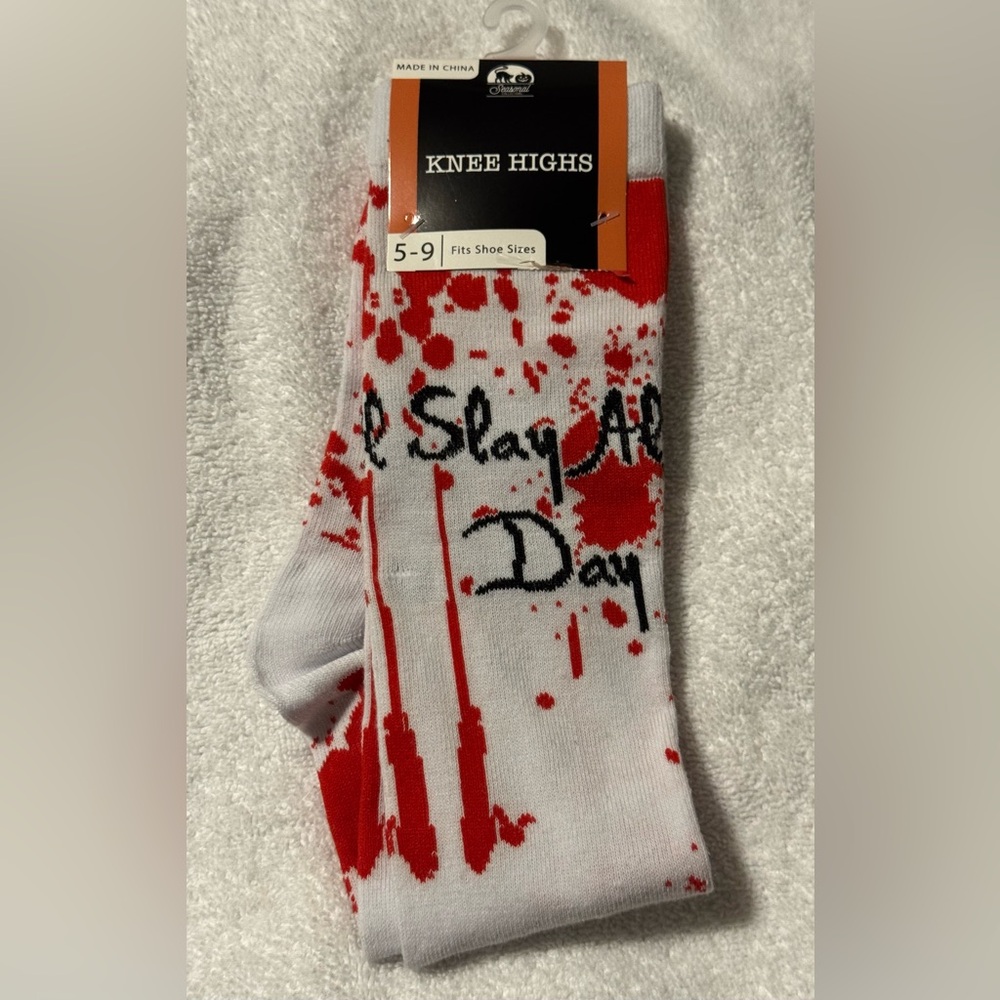 Slay All Day Crime Scene Splatter Graphic Slogan Logo Knee Socks White Red Black